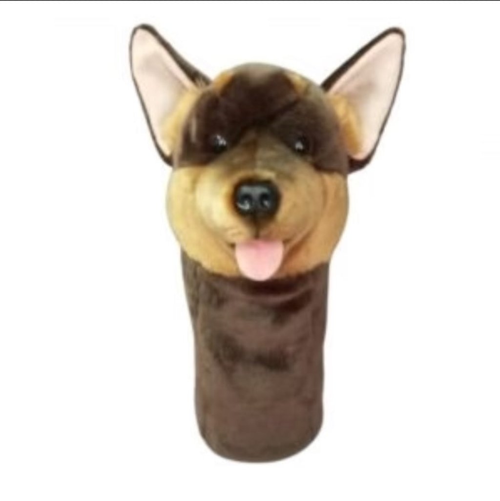 Realistic handmade Australian Kelpie golf cover in brown and tan, measuring 35cm in height. This eco-friendly plush protects your golf club while adding personality. Made with recycled ocean plastic, it's a unique gift for golfers and can also be used as a puppet. Soft, machine washable, and suitable for all ages