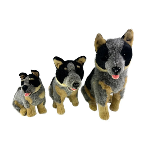 Realistic plush Blue Heeler toy named Marshall, sitting at 30cm tall, featuring high-quality acrylic fur and eco-friendly stuffing made from recycled ocean plastic bottles