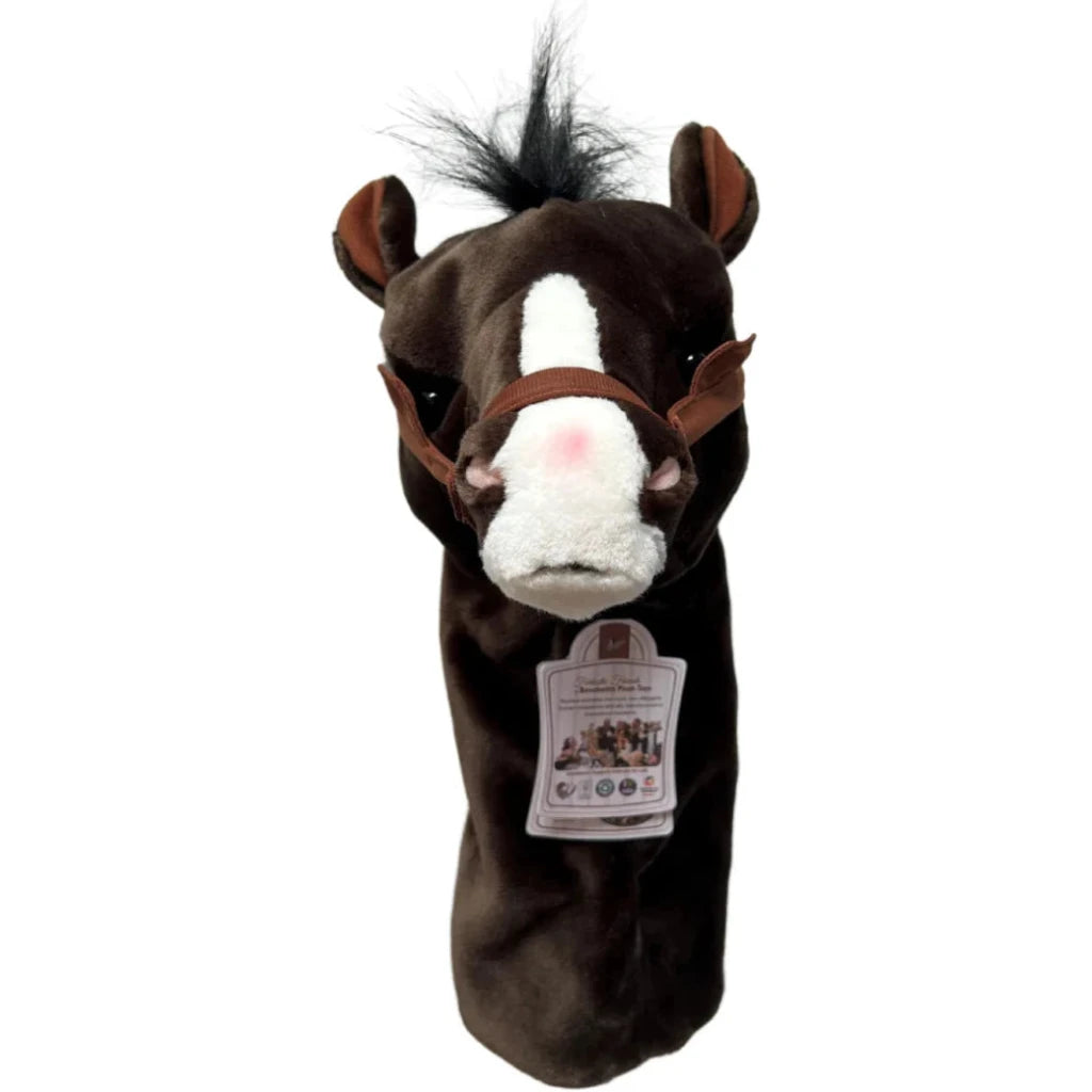 Plush Clydesdale horse golf club cover with realistic details, soft acrylic fur, and eco-friendly recycled stuffing. Doubles as a fun puppet for all ages. Barefoot Saddles Australia